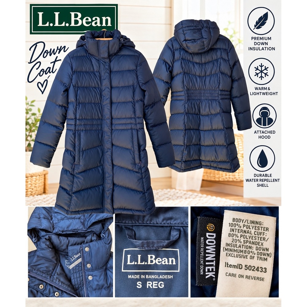 LL Bean Women Navy Blue DownTek 850 Down Hooded Puffer Coat Winter Small Regular